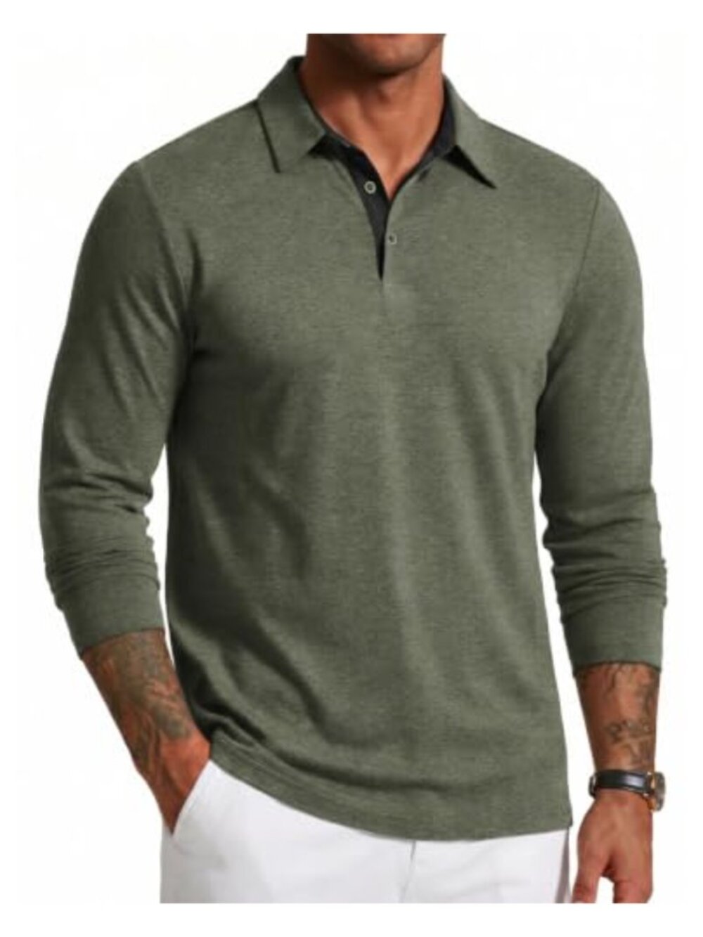 Mens Long Sleeve Polo Shirt Button Collar Casual Work Pullover